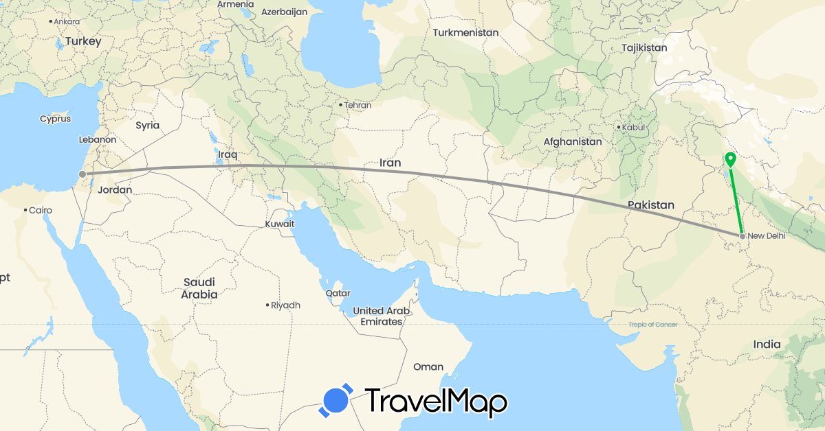 TravelMap itinerary: driving, bus, plane in Israel, India (Asia)